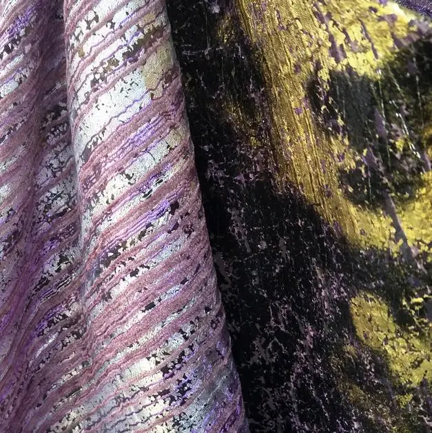 

Laser Stamping Black Purple Gold Film Wire Drawing Flash Texture Fabric dress textiles polyester Blended jacquard fabric C201