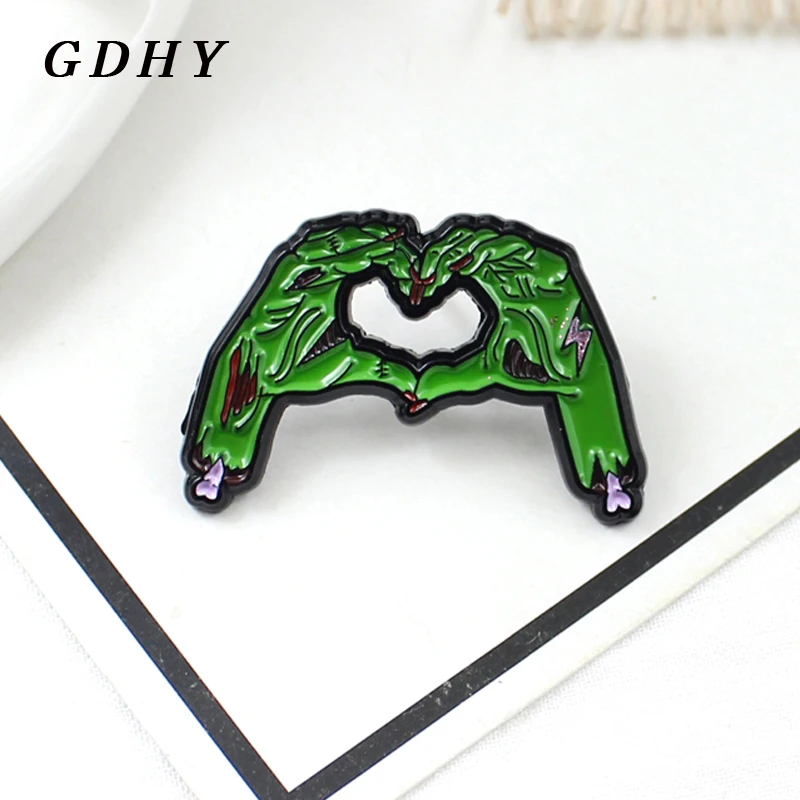 GDHY Green Skeleton Skull Hands Corpse Pins Brooch Heart-shaped Enamel Gothic Lapel Shirt Bag Halloween Jewelry | Украшения и