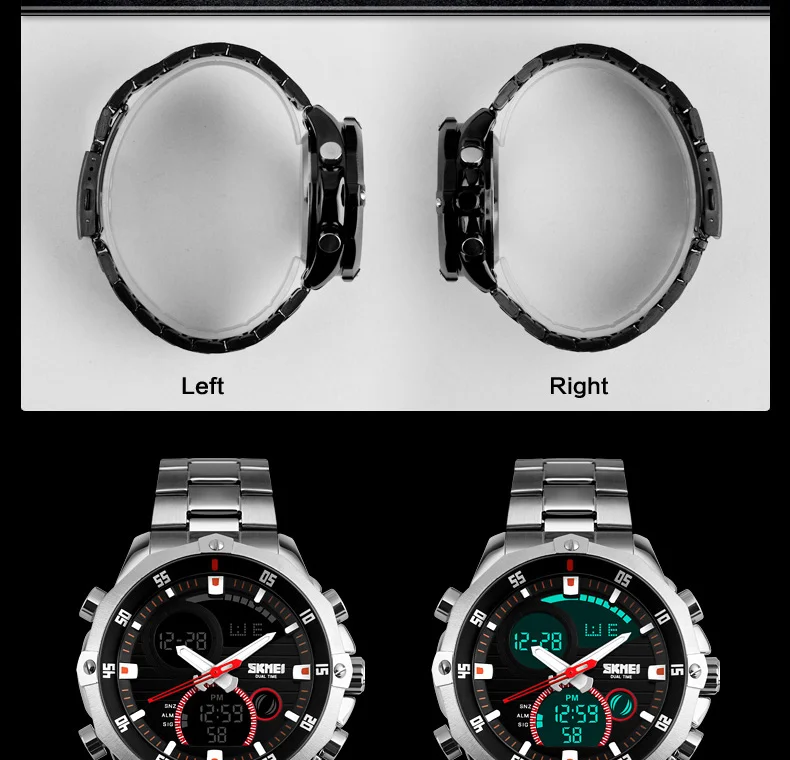 SKMEI 1146, кварцевые мужские часы с двойным дисплеем, цифровые часы, ремешок из нержавеющей стали, 30 м, водонепроницаемые, с будильником, хронограф, наручные часы