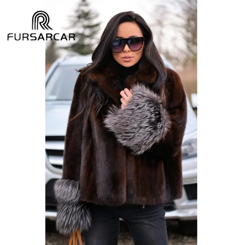 FURSARCAR вся кожа с натуральным норковая шуба для женщин натуральный мех норки