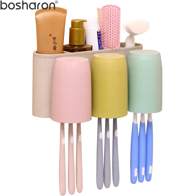 

1 Set Toothbrush Holder Suction Hook Wheat Straw Material Wall Mount With 3 Cup Bathroom Accessories Sets Tooth Brush Holder Set