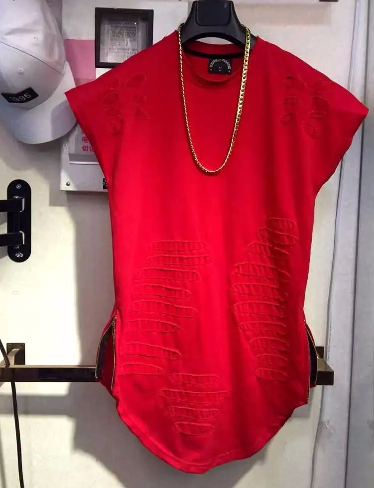 Мужская si Tun, новинка, Мужская рваная футболка с изогнутым подолом, модная футболка с удлиненной молнией, удлиненная футболка с боковой молнией - Цвет: Красный