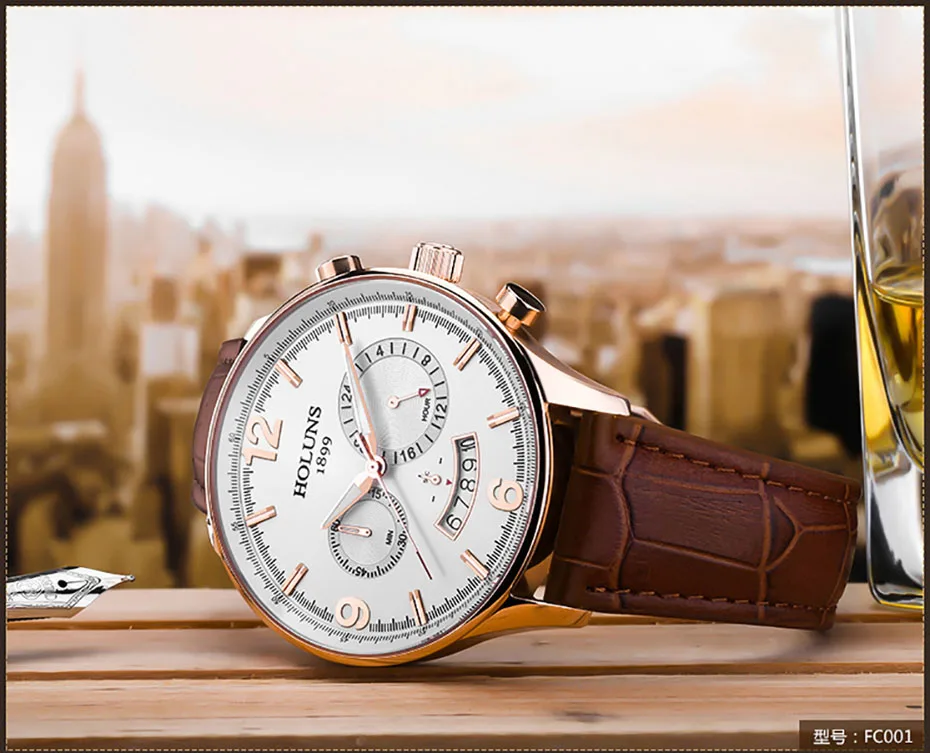 HOLUNS Men Leather Strap Watch 24 Hour Quartz Watches Casual Wristwatch Water Resistant Luxury Round Glass Dial Clock (18)