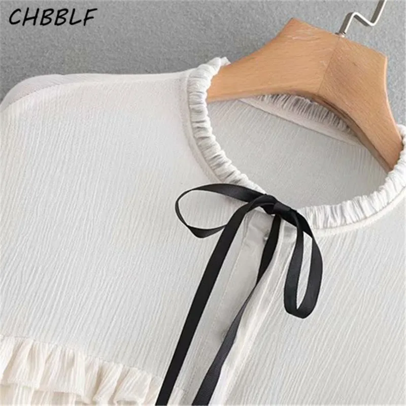 CHBBLF النساء تكدرت ربطة القوس فيونكة طوق بلوزة كم طويل لطيف الإناث عارضة قميص فراشة كم شيك قمم blusas XDN8717
