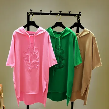 

Summer Autumn Pullover Sweatshirt Women Loose Long Bat Hooded Shirt Simple Student Long Embroidered T-shirt Half Sleeve Tees