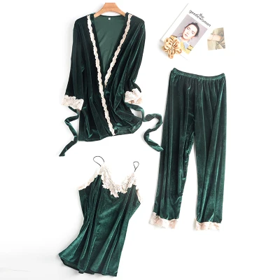 

Daeyard Women autumn winter fashion pajama set high grade velvet floral embroidery nighties bathrobe & pyjama set sexy nightwear