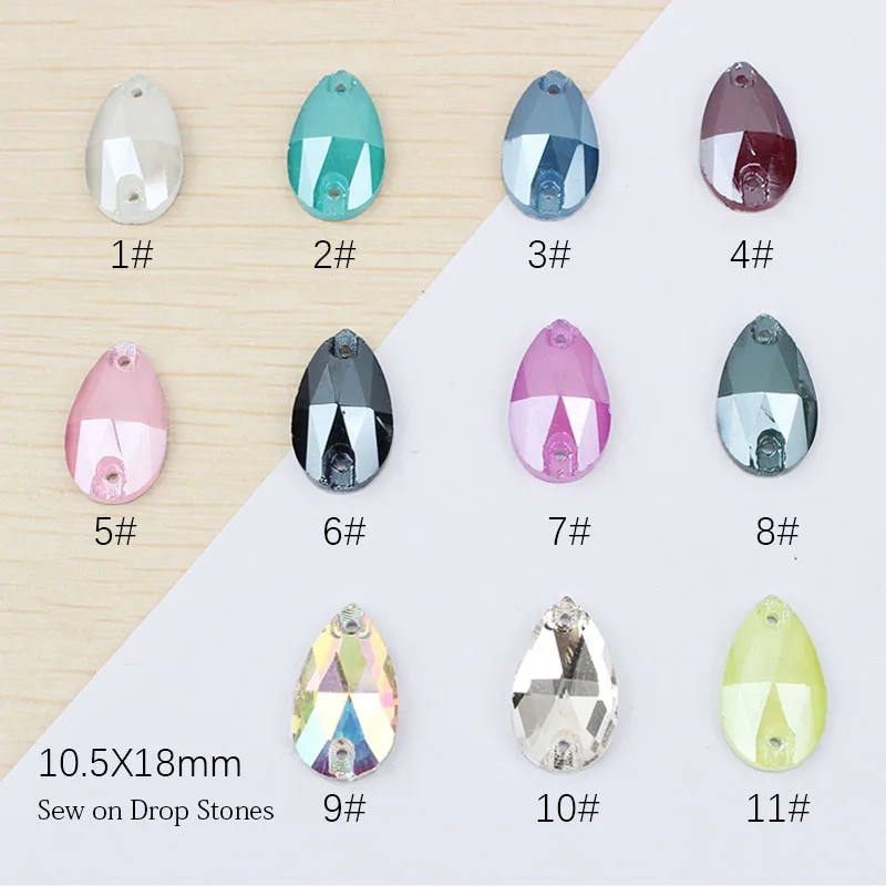 

New sale Sew on Crystal Rhinestone 10.5X18mm Drop Flatback Stones 10Pcs for Garment ornament free shipping