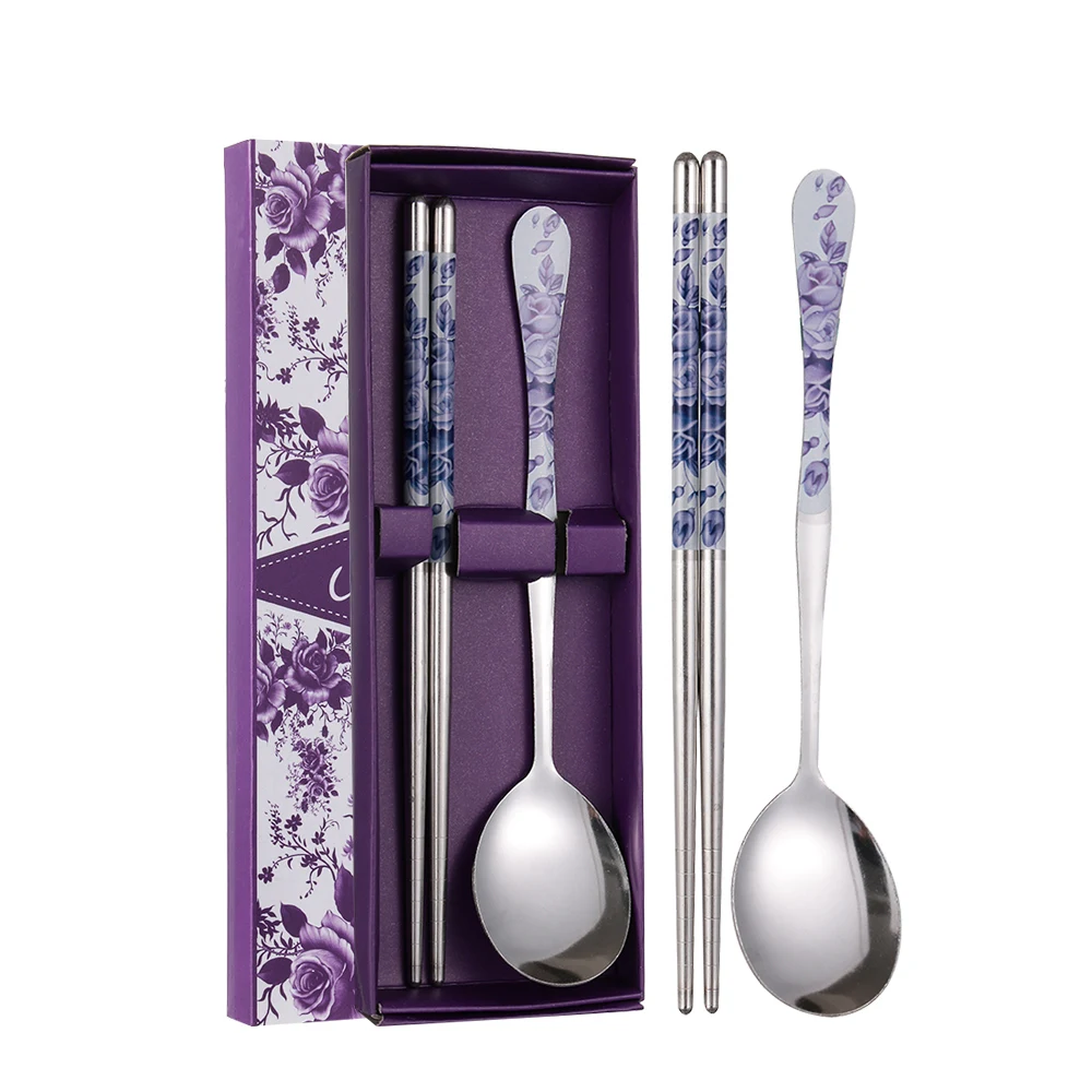 

Cartoon Stainless Steel Spoon Chopsticks Set For Travel Camping Outdoor Korean Custom Portable Polishing Tableware Set
