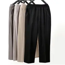 Среднего возраста Для женщин прямые Штаны модные Повседневное эластичный пояс свободные штаны Большой размер бабушка женские летние