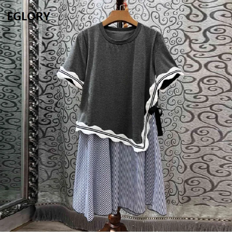 

2019 Summer Fashion Casual Dress Ladies Striped Print Patchwork Short Sleeve Grey Black Cotton Dress Preppy Girl Dress Korean