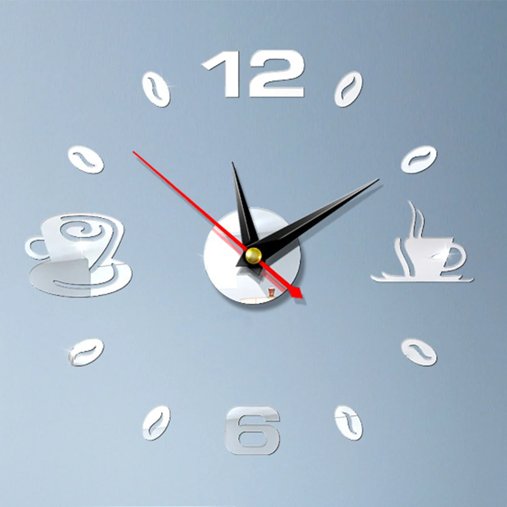 Акриловые художественные кофейные чашки, декоративные аналоговые водонепроницаемые настенные часы, современные зеркальные бесшумные Домашние DIY 3D КУХОННЫЕ самоклеящиеся часы