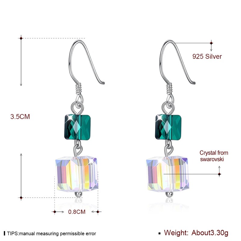 Женские серьги подвески LEKANI из стерлингового серебра S925 пробы с кубиками SWAROVSKI