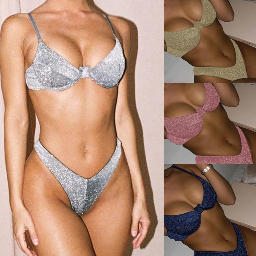 

2019 New Bikinis Women Sexy Swimsuit Silver Silk Bikini Set Beachwear Women Bathing Suit Brazilian Bikinis Biquinis Feminino