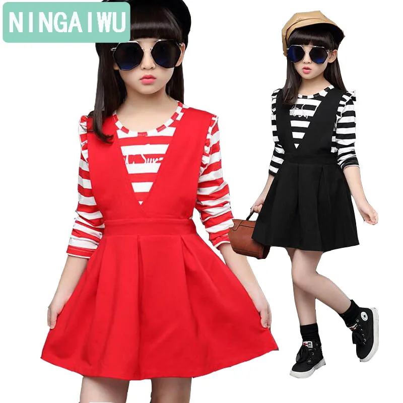 New girls children's clothing casual dress autumn baby kids outfit child stripe long sleeve