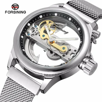 

FORSINING Designed Button Hollow Skeleton Mechanical Watch Men Silver Mesh Stainless Steel Self Wind Silver Automatic Watch