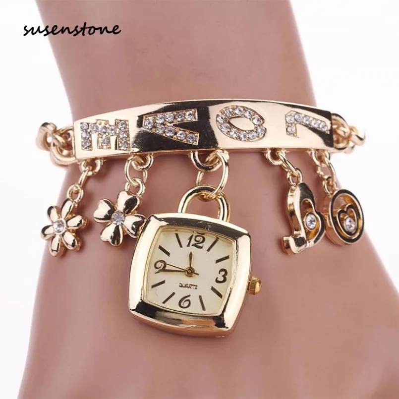 Susenstone Женская мода Любовь Стразы Цепочка Золото Серебро Браслет часы квадратный чехол для женщин элегантные часы Montre Femme#15