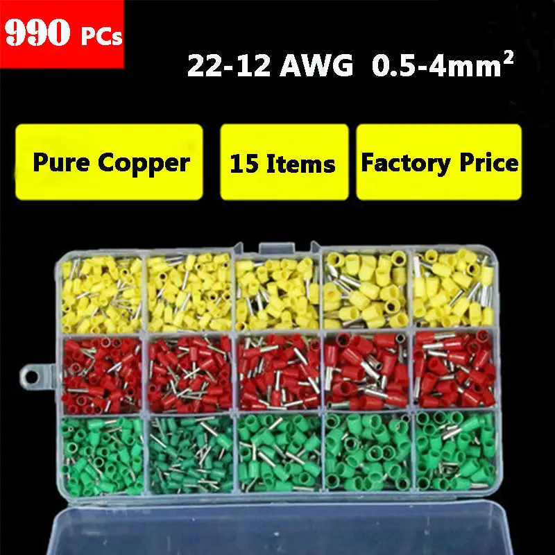 990 PCs Kit Sortido Virolas Terminais de Cravar Conectores de Fio Elétrico Cabo de Ponta Do Fio Crimp Terminal de Pino Terminal de Conectores