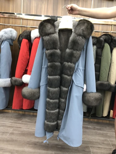 Женская парка пальто зимнее пальто с капюшоном с большим натуральным лисьим меховым воротником порог манжеты натуральная подкладка из кроличьего меха Рекс Длинная Верхняя одежда - Цвет: as picture