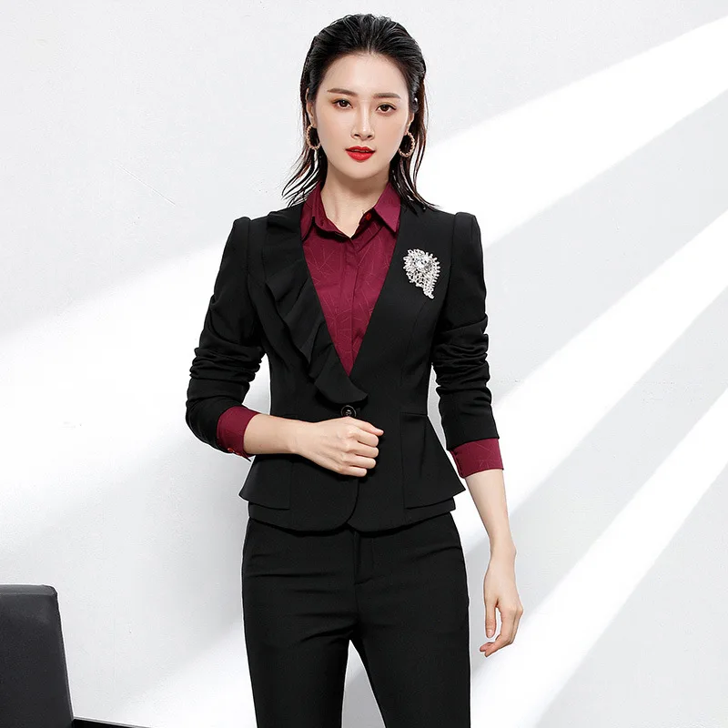 High quality two piece suit small suit lotus side the professional women 's suit set ladies momentum white collar simple tooling High quality two piece suit small suit lotus side the professional women 's suit set ladies momentum white collar simple tooling