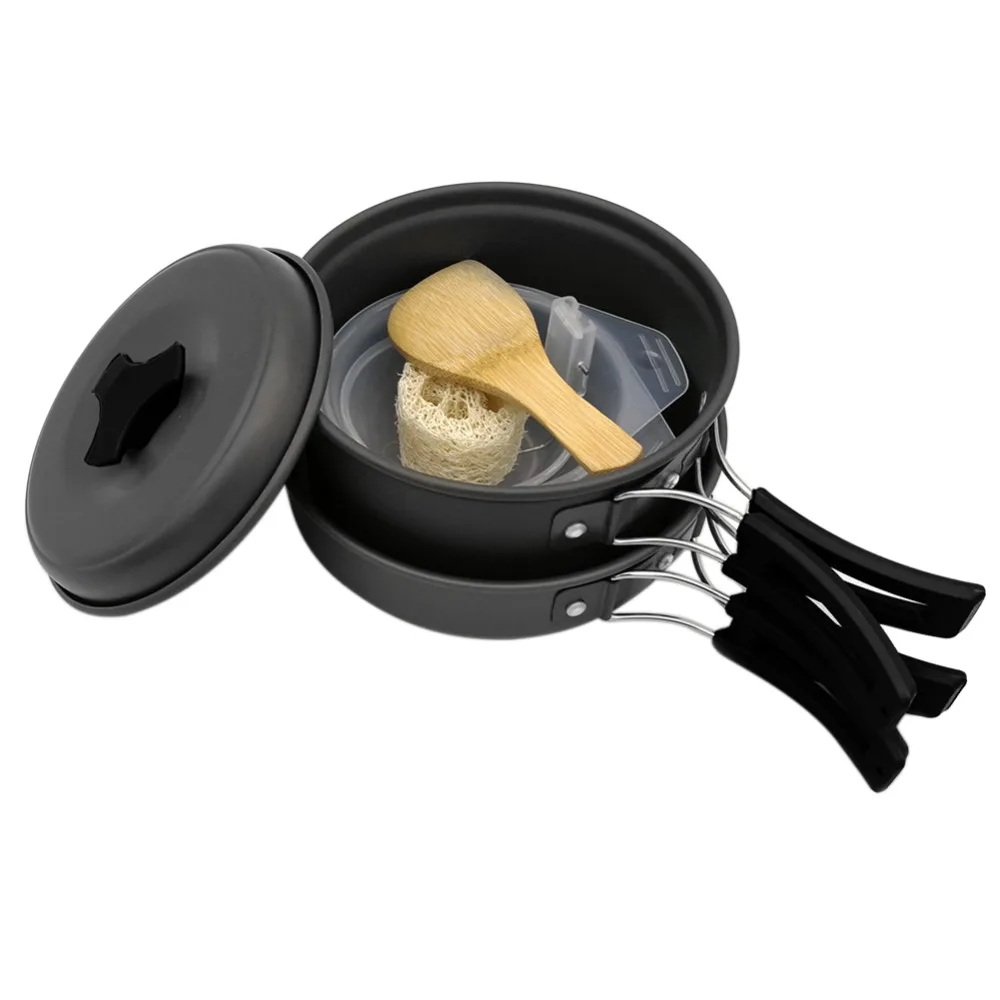 Camping al aire libre de utensilios de cocina conjunto de vajilla de cocina viajes cubiertos utensilios olla Pan senderismo Picnic herramientas Mango Verde Hierba