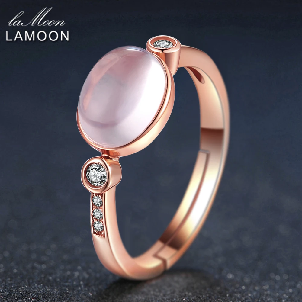 LAMOON 6x8mm 100% Natural Oval Pink Rose Quartz Ring 925 Sterling Silver Jewelry Rose Gold Romantic Wedding Band LMRI014
