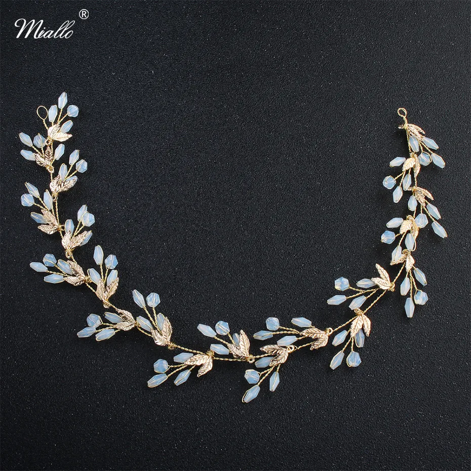 

Miallo Newest Light Blue Opal Gold Color Leaves Headbands for Women Wedding Hair Accessories Head Jewelry Flexible Bride's Tiara
