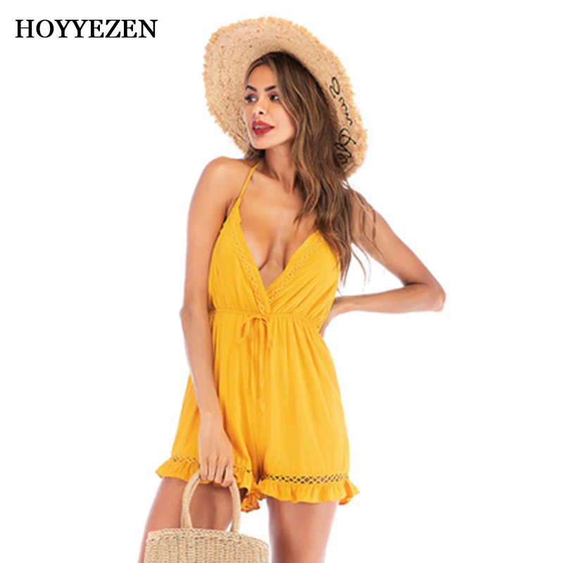 

HOYYEZEN Summer Women's Jumpsuit Yellow Deep V Strip Backless Sexy Beach Wide Leg Sleeveless Halter Jumpsuits Women