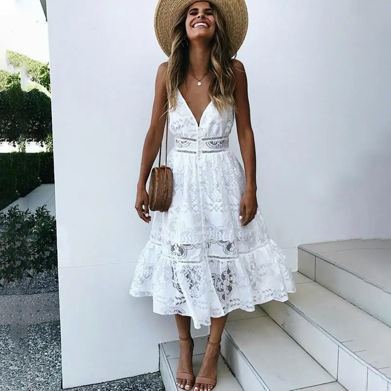 

v neck sexy lace summer dress women Strap button casual white dress female Streetwear backless midi dress vestidos 2019