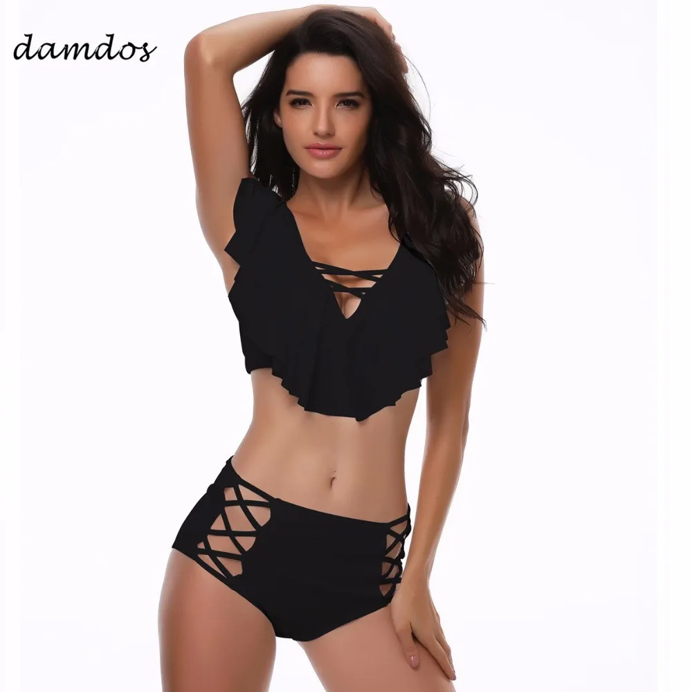 

Bikini 2018 Swimsuit Women Swimwear High Waisted Sexy Off The Shoulder Bikini Black Retro Push Up Bikini Cover up Bathingsuit