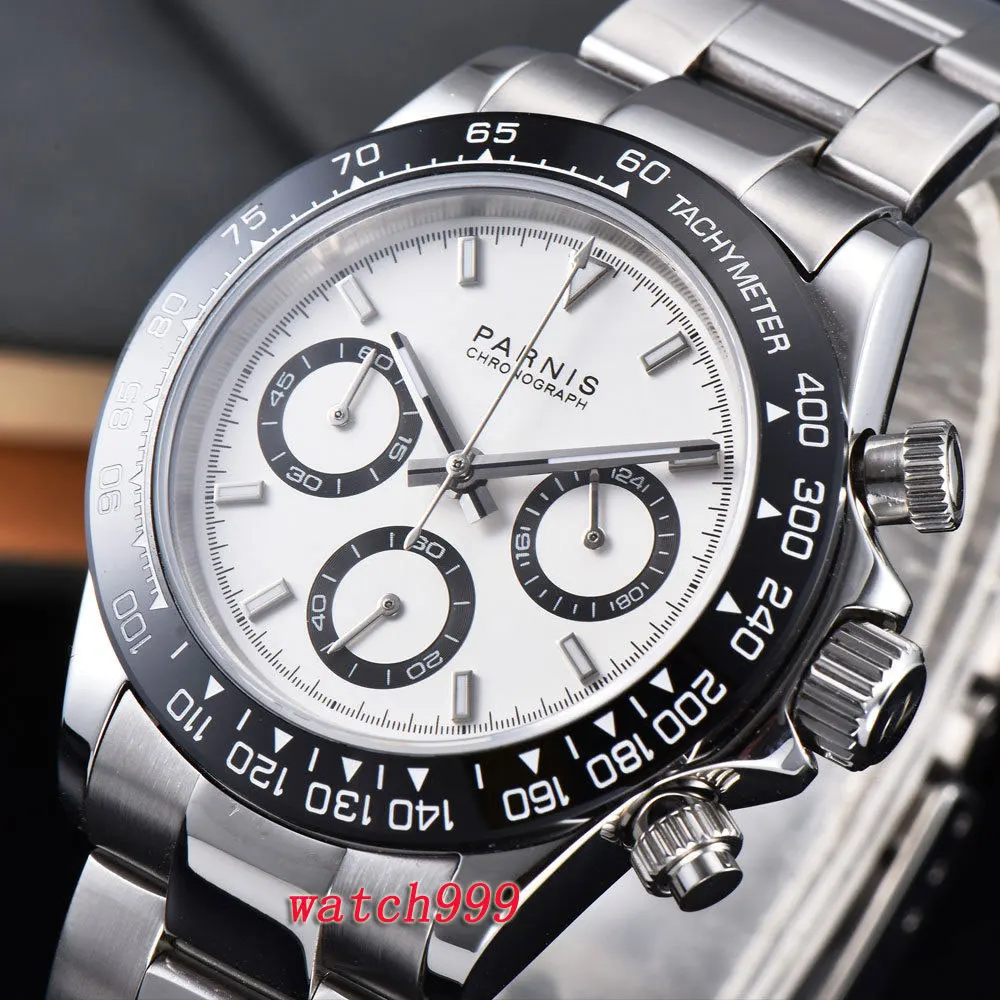 

39mm PARNIS clock white dial sapphire crystal deployment clasps Ceramic bezel solid full Chronograph luxurious quartz mens watch