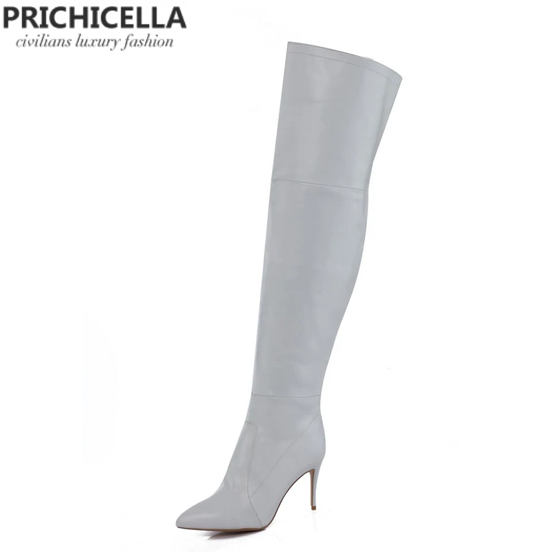 PRICHICELLA 8 см 10 см серый натуральная кожа сапоги выше колена высокие ботинки size34-42