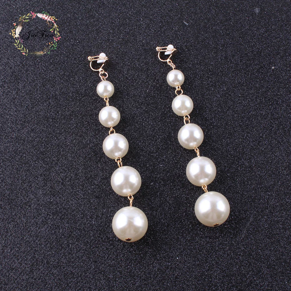 

JIOFREE new design Trendy long Big Simulated Pearl Clip on Earrings Pearls String Statement Earrings For Wedding Party Gift