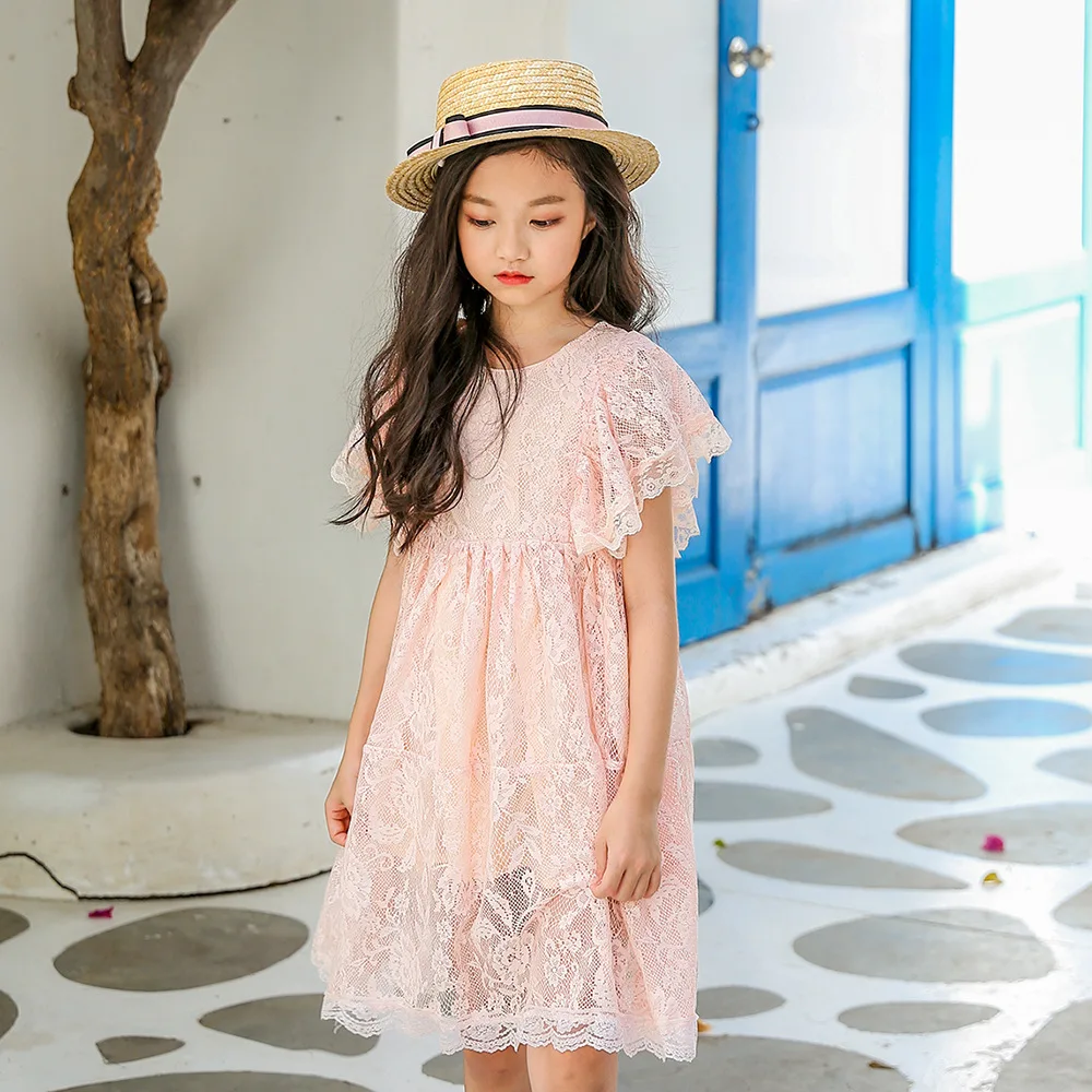 

Sweet Teenager Girls Flying Sleeve Lace Summer Dress for Kids 3-12Yrs Sweet Girls Vintage Sundress Old girls Clothing