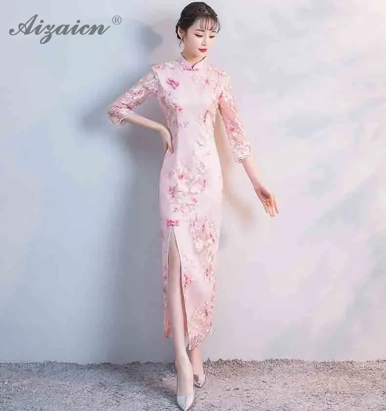Современные новые длинные платья Чонсам с вышивкой Chinoise розовые вечерние Qi Pao Женские китайские традиционные платья Qipao Женская Роба в восточном стиле