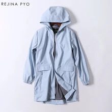 REJINAPYO windproof rain proof female PU Solid Pockets Hooded Trench classic slim long fashion women coat