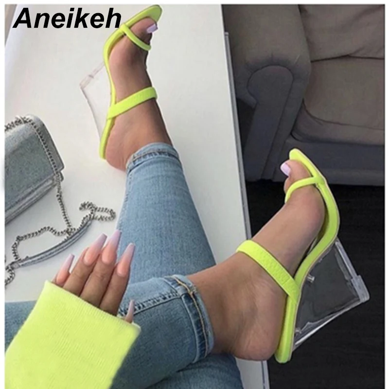 

Aneikeh 2019New Fashion PVC Summer High Heels Crystal Slippers Wedges Open Toe Heels Mules Women's Shoes Slippers PU Size 35-40
