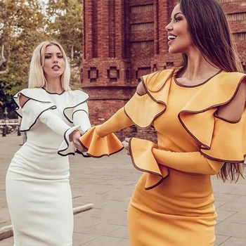 

Seamyla 2020 New Elegant Bandage Dress Women Sexy Ruffles Flare Sleeve Celebrity Party Dresses Vestidos Black White Club Dress