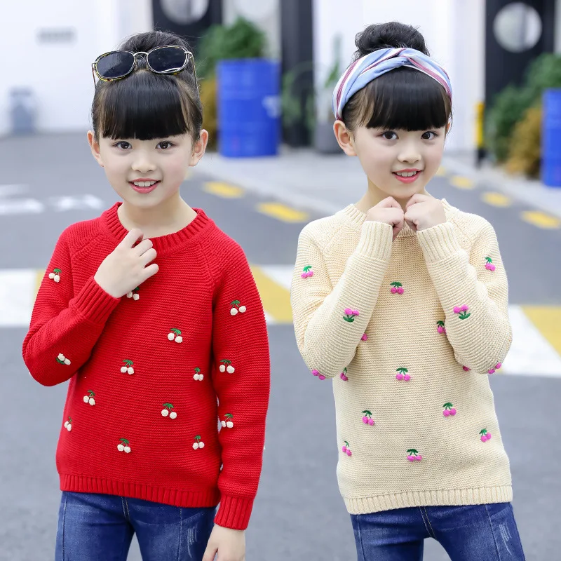 

Girls Sweater 2018 New Children's Wear Sweater Autumn Winter Bottom Round Collar Solid Color Cherry Decorative Knit Sweater