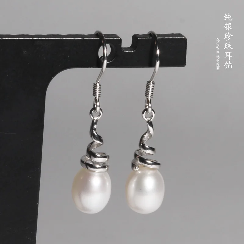 

100%S925 pure silver freshwater pearls earrings Personality spiral water droplets tremella nail a undertakes