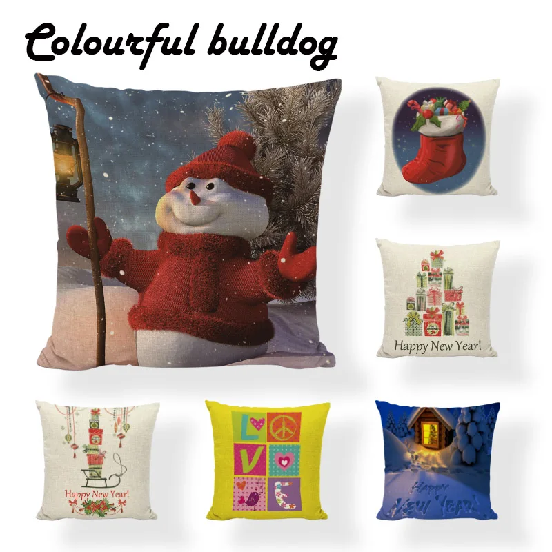 

Merry Christmas Cushion Cover Snowman Reindeer Pillows Santa Claus Adolf Tree Gifts Throw Pillows Cover Funda Cojin Almofada