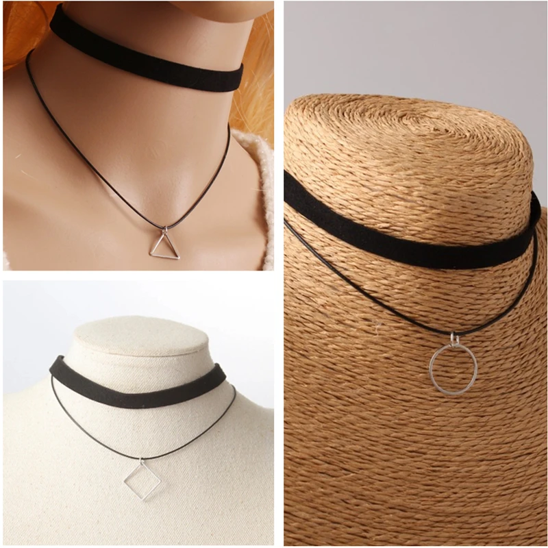 

2019 Hot Black Velvet Leather Double Layer Bijoux Triangle Circles Square Pendant Maxi Statement Chokers Necklaces Women Jewelry