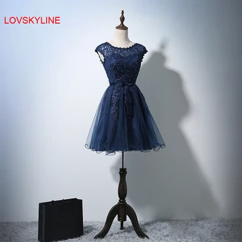 

Short prom dress Pretty Off the Shoulder NO Sleeves O-neck Navy Blue Sash Lace Fashion Short Dresses New Bridesmaid Dresses