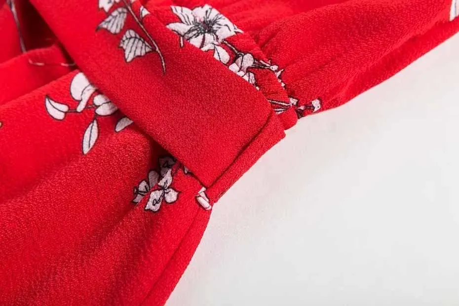 Красный Цветочный принт с плеча Узелок комбинезоны Для женщин 2018 летние комбинезоны сексуальная Slash шеи спинки ползунки оборками Playsuit