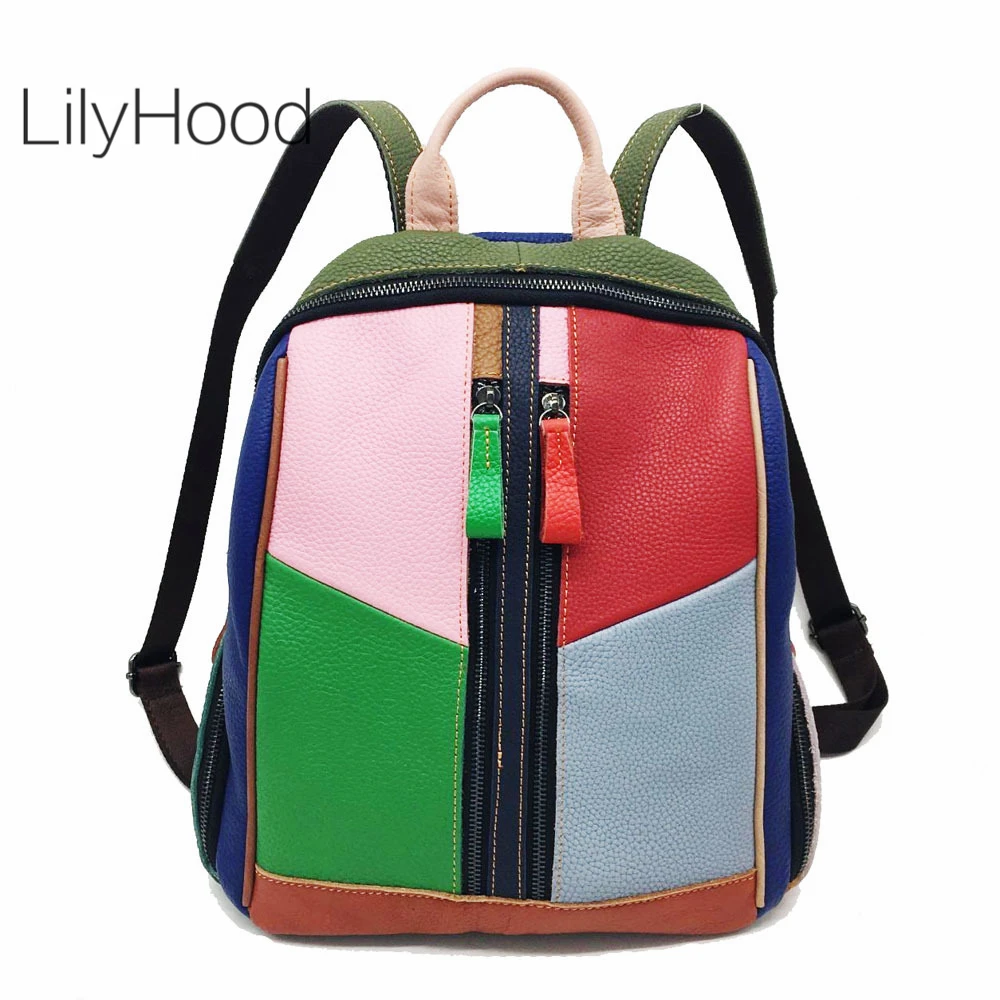 

Patchwork Cowhide Backpack Women Genuine Leather Multicolor School Book Bag Multi Pockets Preppy Style Natural Leather Daypack