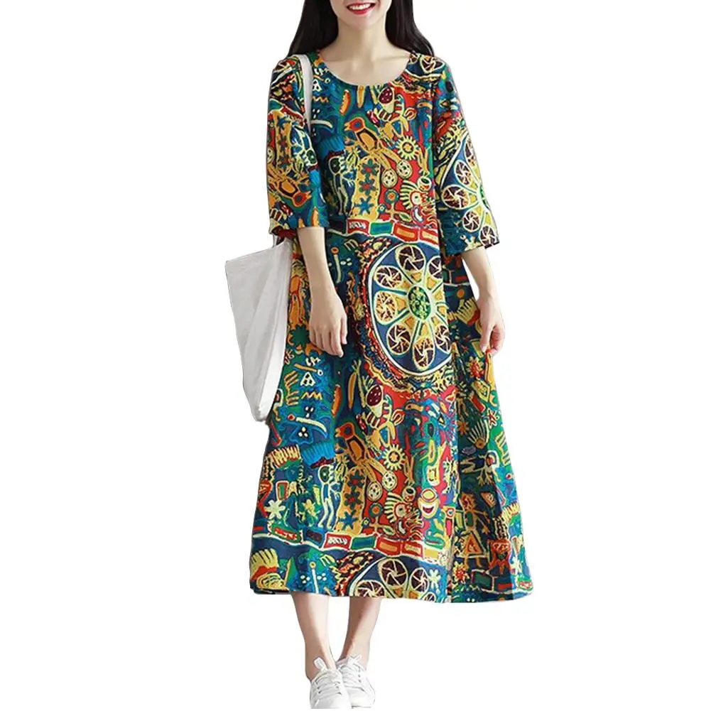 

2019 New Yfashion Women Retro Floral Print Loose Casual Cotton Linen Dress