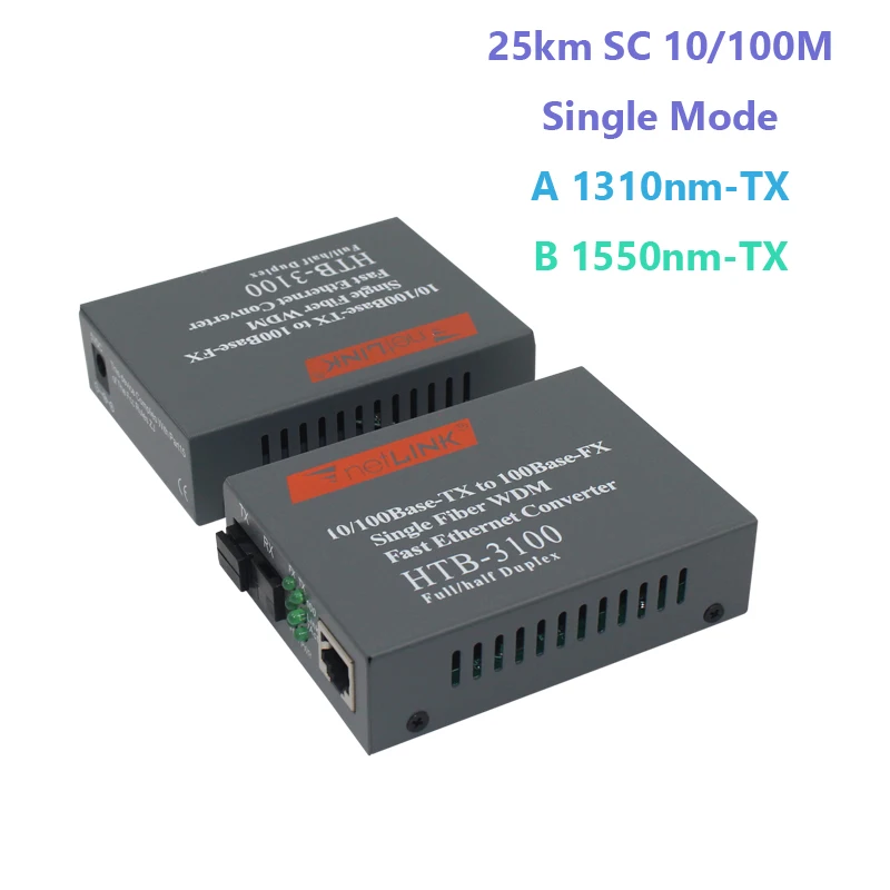 1 пара HTB-3100AB 25 км AB 10/100 Мбит/с волоконно-оптических Media Converter одиночный режим волокно SC Порты и разъёмы A 1310nm-TX, B 1550nm-TX