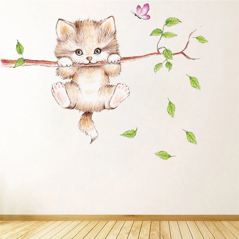 Мультяшная кошка ветка 3D Защита окружающей среды детское украшение дома Наклейка на стену плакат «сделай сам» съемный