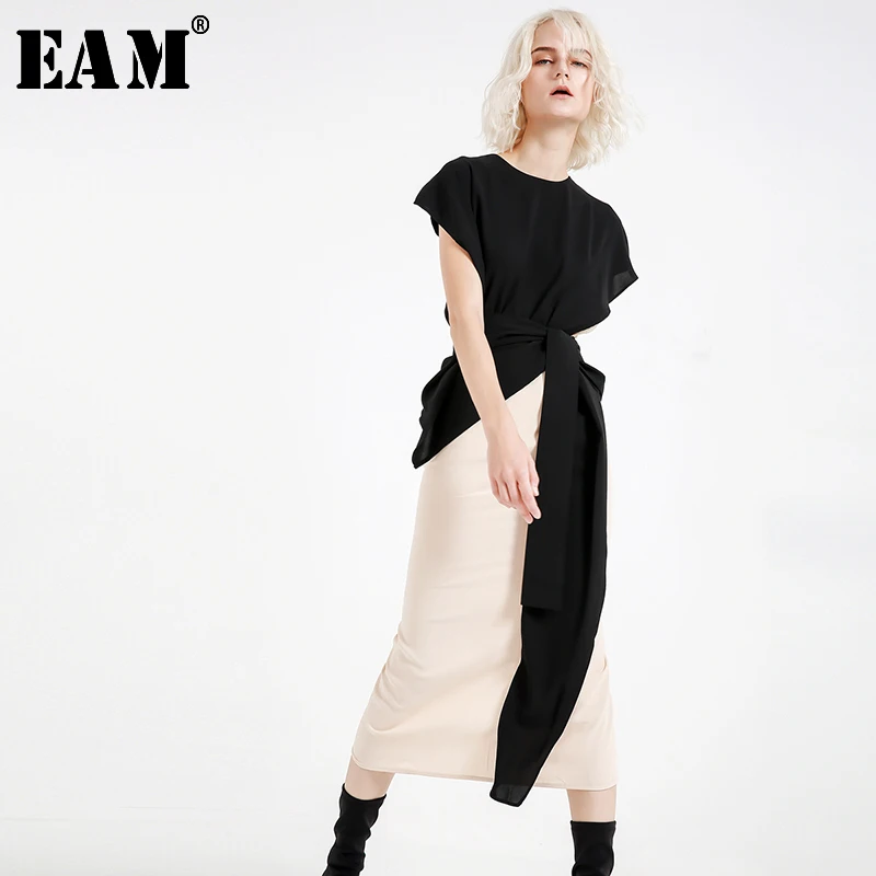 

[EAM] 2019 New Spring Summer Round Neck Long Sleeve Blue Waist Sashes Hit Color Ruffles Stitch Loose Dress Women Fashion LA26