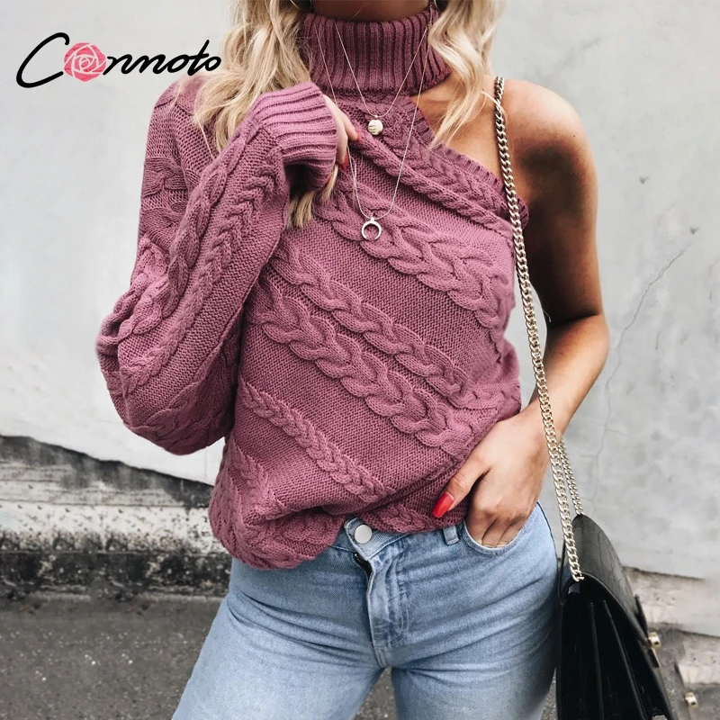 

Conmoto Turtleneck Sexy one Shoulder Knitted Sweater Women 2018 Streetwear Fashion Twist Jumper Autumn Winter Pull Sueter Mujer