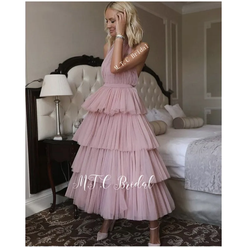 Blush Tiered Tulle Short Prom Dresses New Backless Halter A Line Ankle Length Cheap Evening Party Gowns Robe De Soiree - Цвет: Photo Color